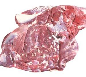 A frozen buffalo fore quarter cut, showcasing its rich red meat and marbling, ready for cooking or preparation.