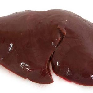 A frozen buffalo liver, showcasing its deep red color and smooth surface, ready for cooking or preparation.